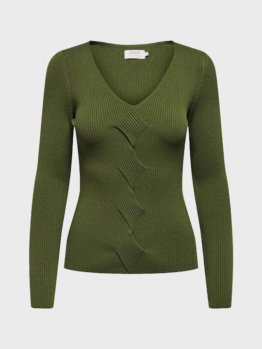 Only Women's Long Sleeve Sweater with V Neckline Khaki