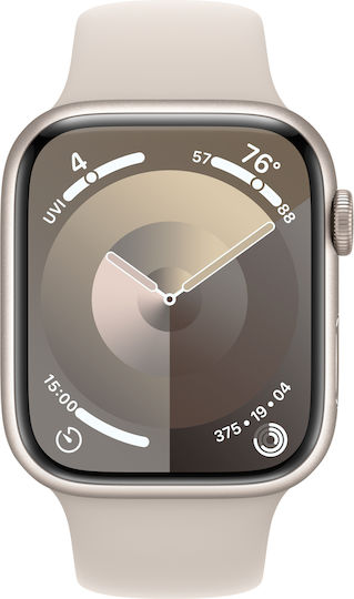 Apple Watch Series 9 Aluminum 45mm Waterproof with Heart Rate Monitor (Starlight with Starlight Sport Band - M/L)