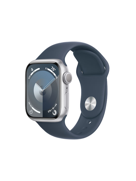 Apple Watch Series 9 41mm mit Pulsmesser (Silver with Storm Blue Sport Band (S/M))
