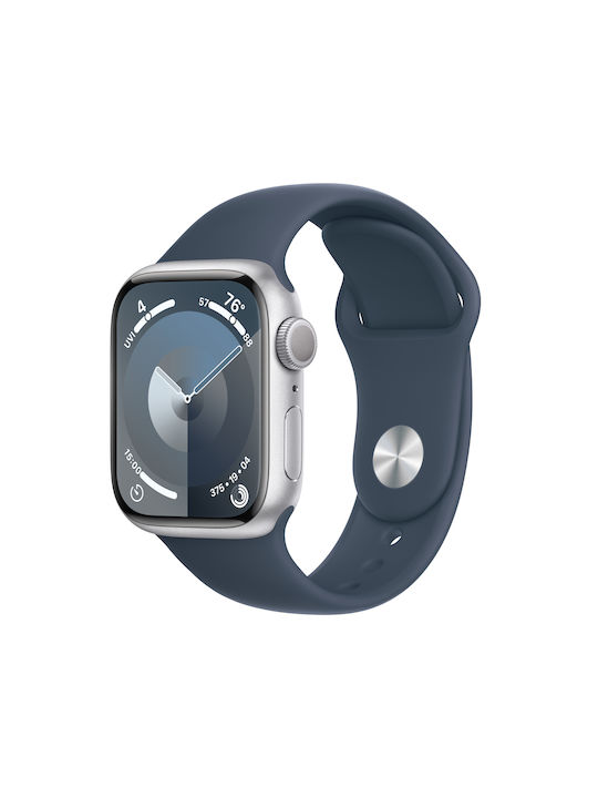 Apple Watch Series 9 Aluminium 41mm Waterproof with Heart Rate Monitor (Silver with Storm Blue Sport Band (S/M))