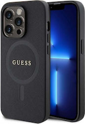 Guess Saffiano Umschlag Rückseite Kunststoff / Silikon / Synthetisches Leder / Leder Schwarz (Apple iPhone 15 Pro)