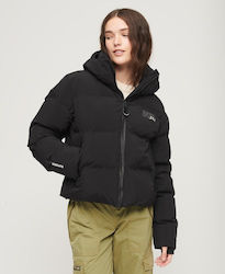 Superdry Boxy Women's Short Puffer Jacket for Winter with Hood Black