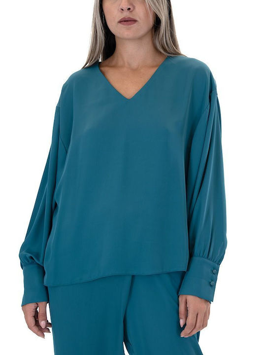 Moutaki Women's Blouse Long Sleeve with V Neckline Green