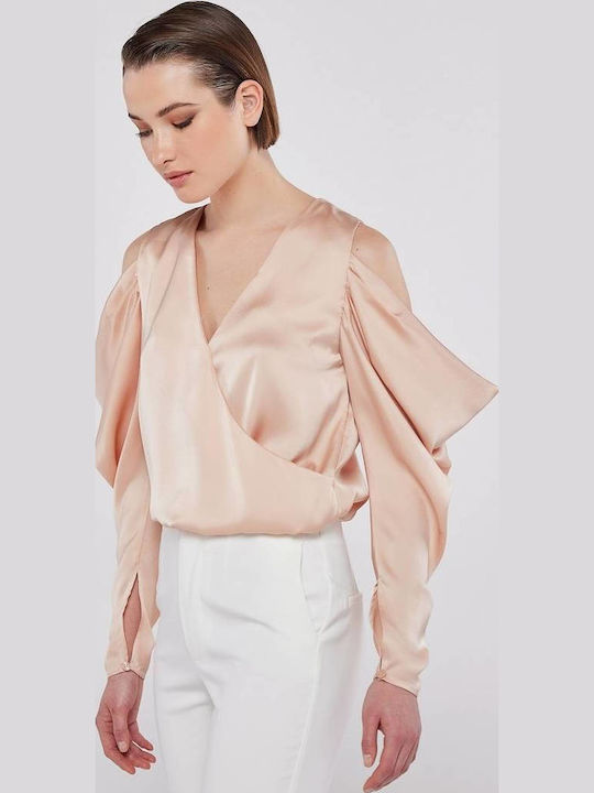 Criss Women's Satin Long Sleeve Top with V-Neck Pink 2023S312-Light