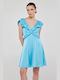 Mind Matter Summer Mini Evening Dress Satin Open Back with Ruffle Light Blue