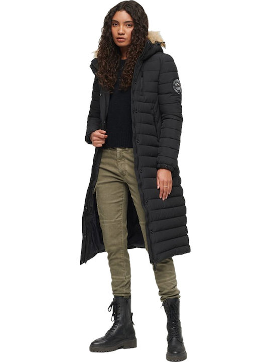 Fuji Women's Long Puffer Jacket for Winter with Hood Black
