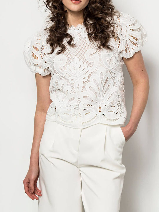 Matis Fashion Damen Sommer Bluse Kurzärmelig Weiß