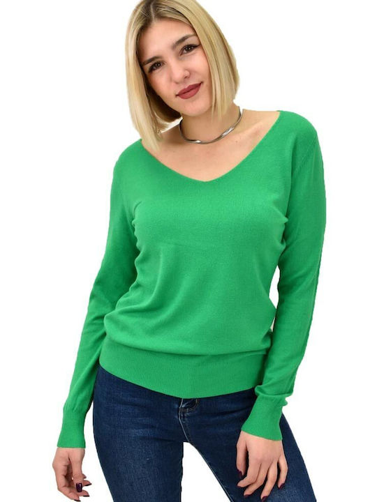 Potre Damen Langarm Pullover mit V-Ausschnitt Grün