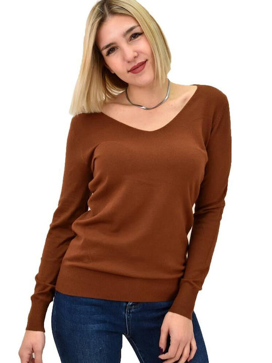 Potre Women's Long Sleeve Sweater with V Neckline Brown