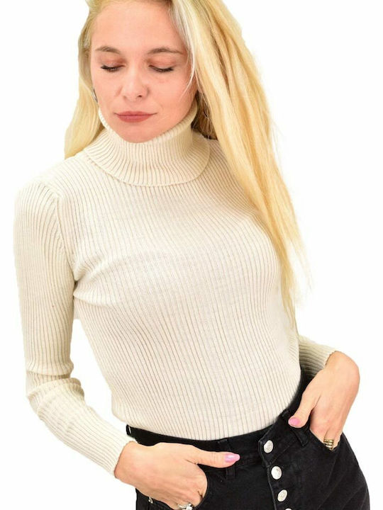 Potre Women's Long Sleeve Sweater Turtleneck Beige