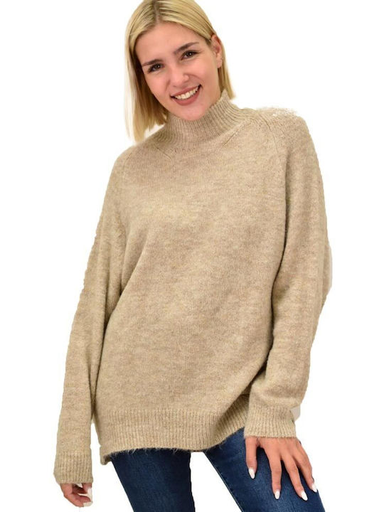 Potre Women's Long Sleeve Pullover Turtleneck Beige