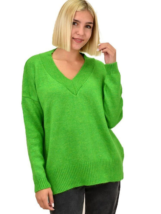 Potre Damen Langarm Pullover mit V-Ausschnitt Grün