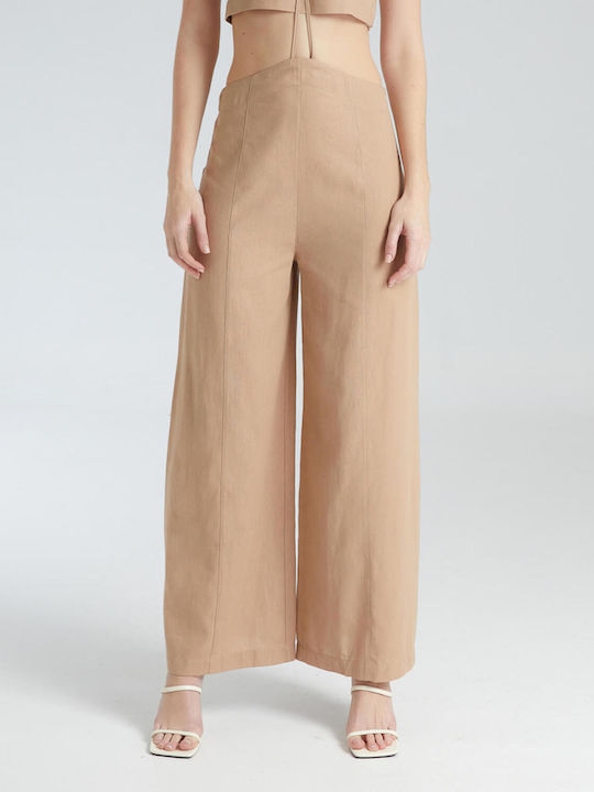 4tailors Kyklos Women's High-waisted Fabric Trousers in Loose Fit Beige