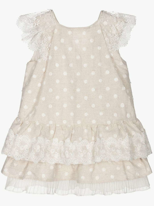 Sand-coloured Linen Dress Embroidered Детска Рокля Къс ръкав Лен На точки Бежов