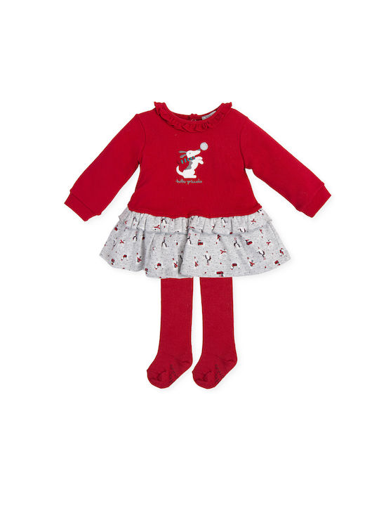 Tutto Piccolo Sweatshirt Kids Dress Set with Tights Long Sleeve Red