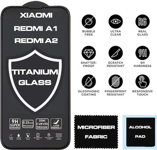 Titanium 0.25mm Full Glue Full Face Tempered Glass Μαύρο (Xiaomi Redmi A1, Redmi A2)