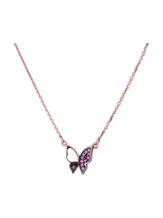 Necklace with design Butterfly from Rose Gold 14K with Zircon