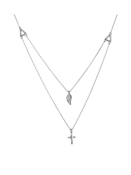 Necklace Double from White Gold 14K with Zircon