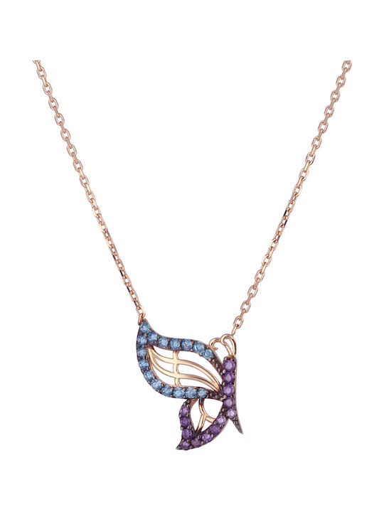 Necklace with design Butterfly from Rose Gold 14K with Zircon