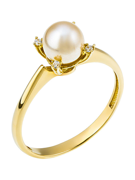 Women's Gold Ring with Pearl & Zircon 14K