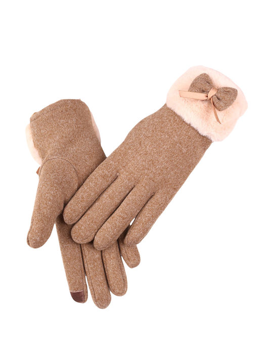 Μπεζ Γυναικεία Γάντια Αφής με Γούνα