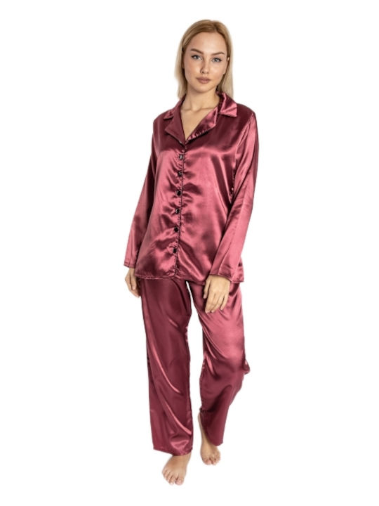 Tres Chic Winter Women's Pyjama Set Satin Burgundy