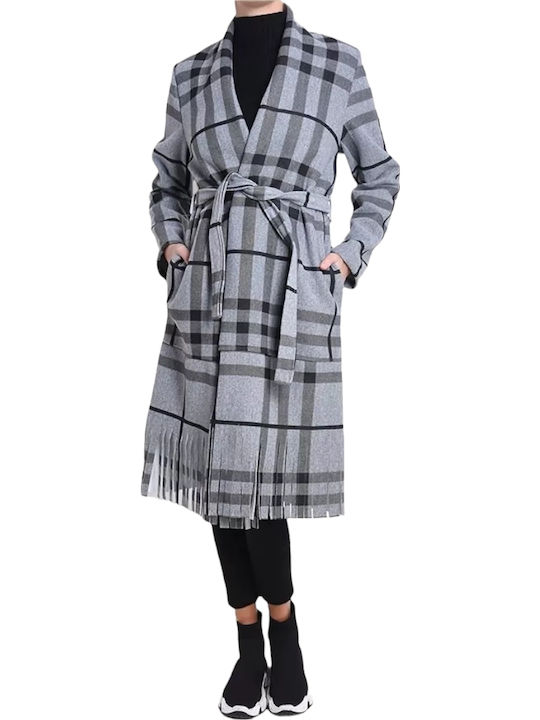 Women's Checked Gray Coat with Belt