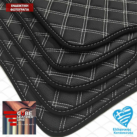 Fiat Linea 2007-2018 Technoleather Cube Mats Black With White Stitching White Embroidery Abarth Set 4pcs