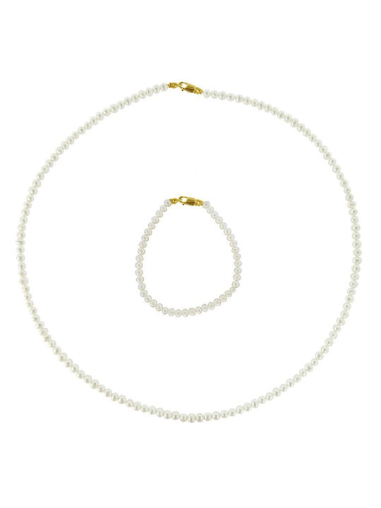 Gold Set Necklace & Bracelet with Pearls 14K