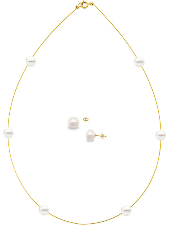 Margaritari Set with Necklace & Earrings from Gold 14K with Pearls