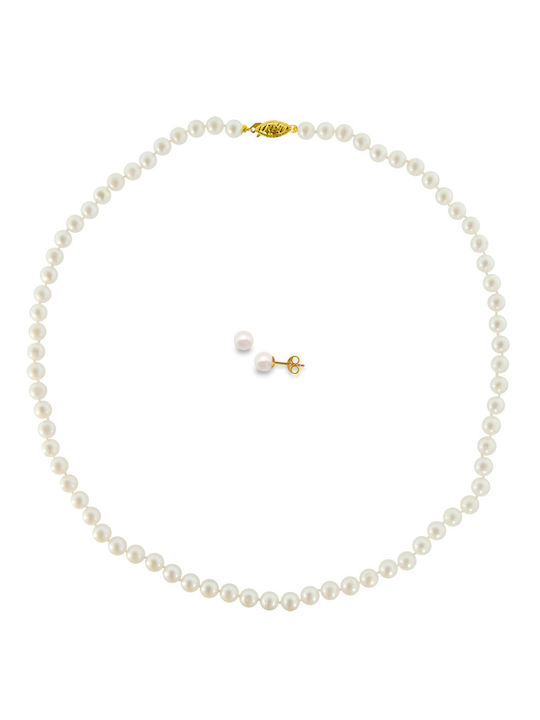 Gold Set Necklace & Earrings with Pearls 14K