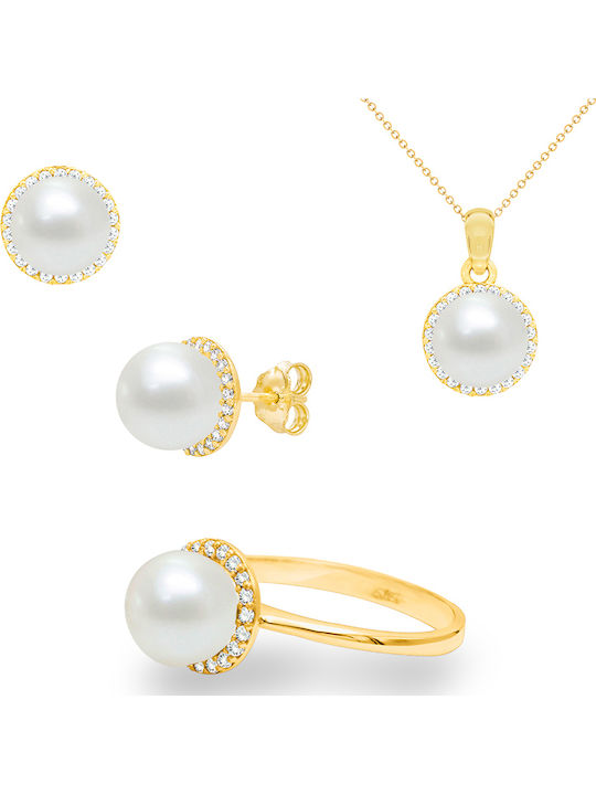Margaritari Set with Necklace , Earrings & Ring from Gold 14K with Stones and Pearls