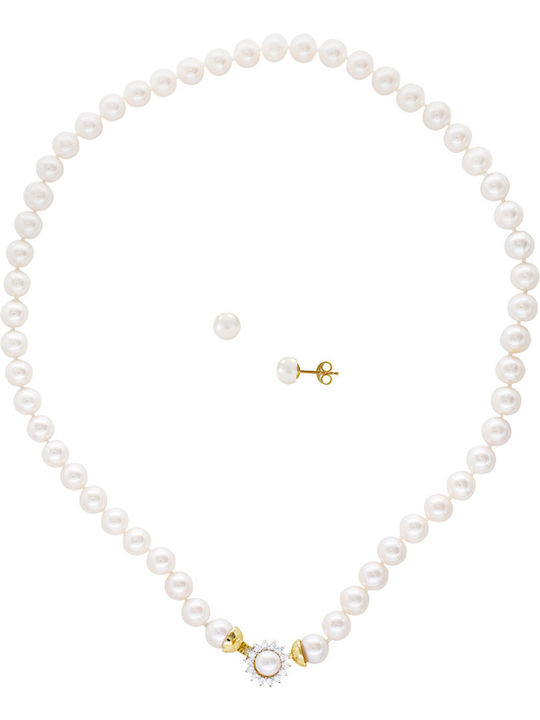 Margaritari Set with Necklace & Earrings from Gold 14K with Stones and Pearls