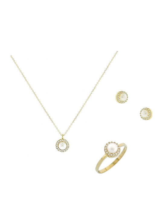 Art d or Set mit Halskette , Ohrringe & Ring aus Gold 9K mit Steinen und Perlen