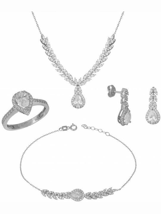 Σετ με Κολιέ , Σκουλαρίκια , Δαχτυλίδι & Βραχιόλι από Λευκόχρυσο 14K με Πέτρες