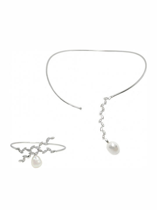 Art d or Set with Necklace & Bracelet from White Gold 14K with Stones and Pearls