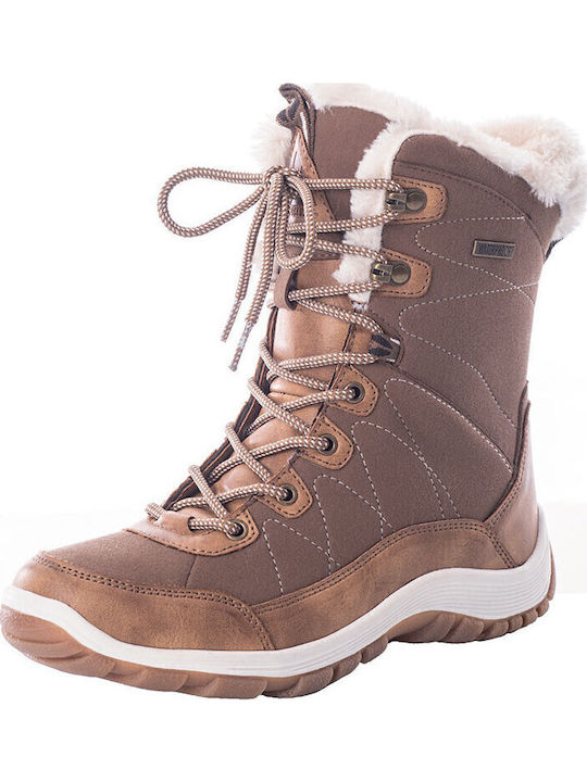 Synthetic Leather Snow Boots with Laces & Fur Beige