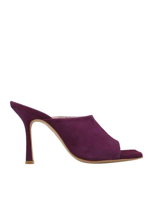 Suede Mules με Λεπτό Ψηλό Τακούνι σε Μωβ Χρώμα