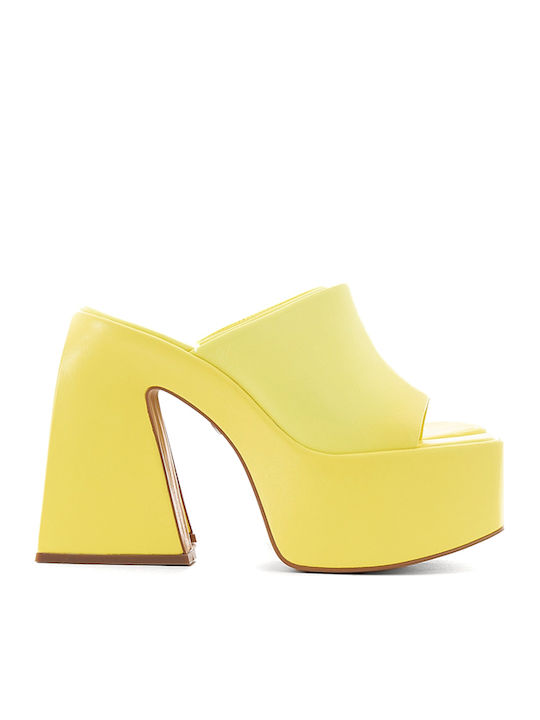 Leather Mules with Chunky High Heel in Yellow Color