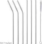 PanOikos Metallic Drinking Straws Silver with Cleaning Brush 6pcs