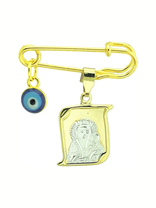 Child Safety Pin made of Gold and White Gold 9K with Icon of the Virgin Mary