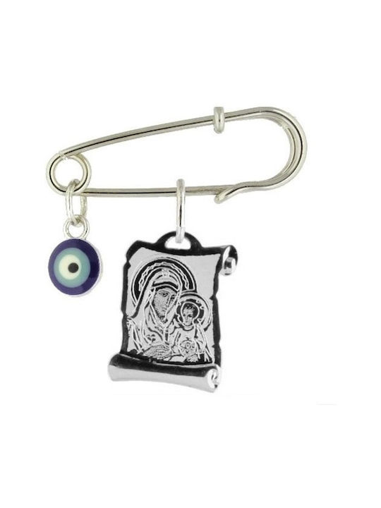 Child Safety Pin made of White Gold 14K with Icon of the Virgin Mary
