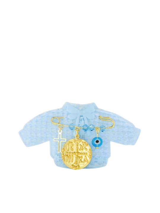 Child Safety Pin made of Gold Plated Silver with Cross and Constantinato for Boy