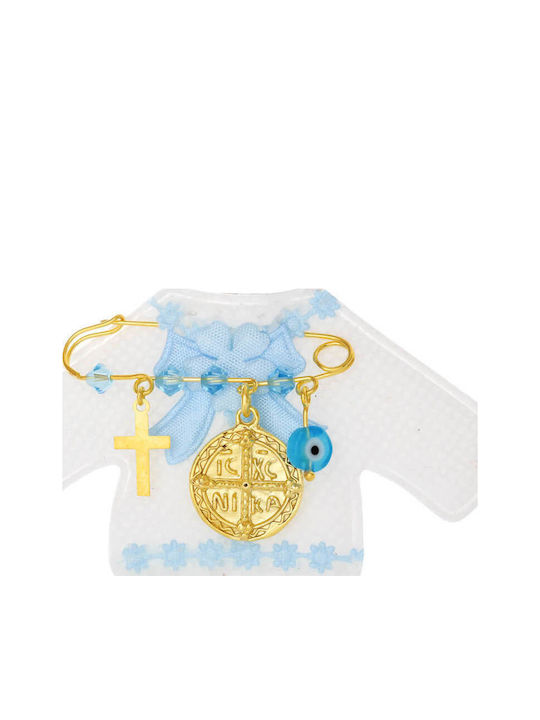Child Safety Pin made of Gold Plated Silver with Cross and Constantinato for Boy