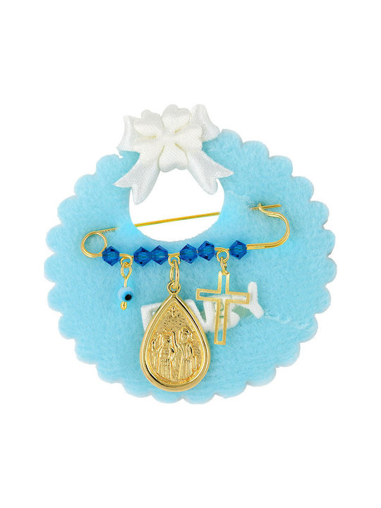 Tasoulis Jewellery Collection Child Safety Pin made of Gold Plated Silver with Cross and Constantinato for Boy