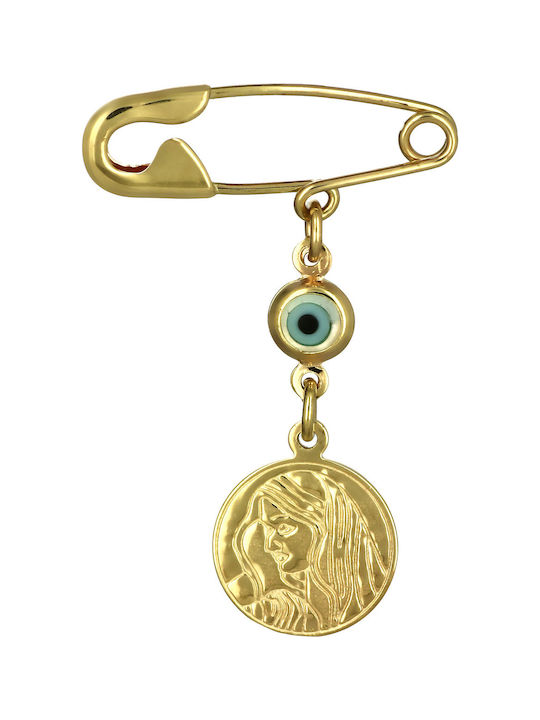 Child Safety Pin made of Gold 9K with Icon of the Virgin Mary
