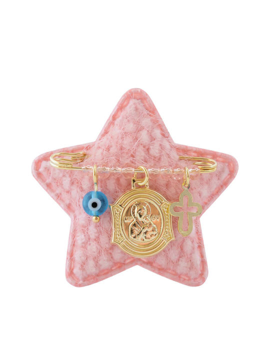 Child Safety Pin made of Gold Plated Silver with Cross and Icon of the Virgin Mary for Girl