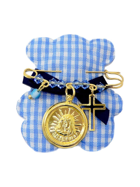 Child Safety Pin made of Gold Plated Silver with Cross and Icon of the Virgin Mary for Boy