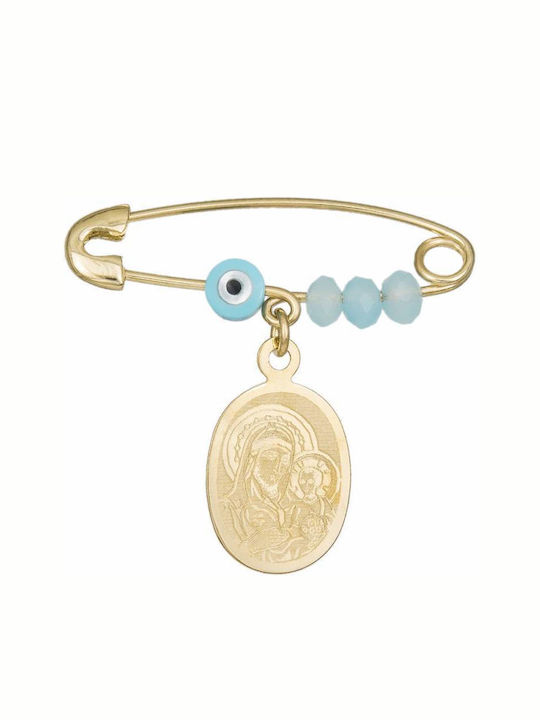 Child Safety Pin made of Gold 14K with Icon of the Virgin Mary for Boy