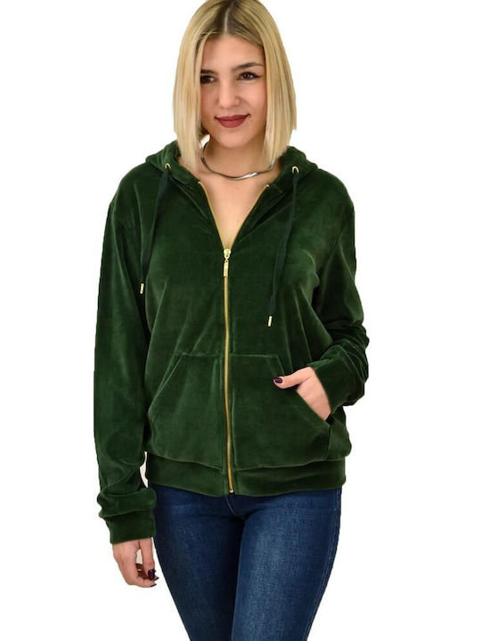 First Woman Women's Hooded Velvet Cardigan Green